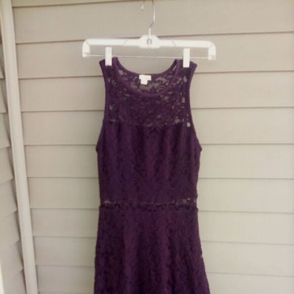 Garage Brand Mini Skater Dress Lace Eggplant Color Sheer Neck and Waist size XS - Picture 1 of 7